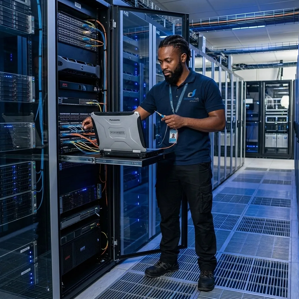 Professional network engineer working in a modern server room